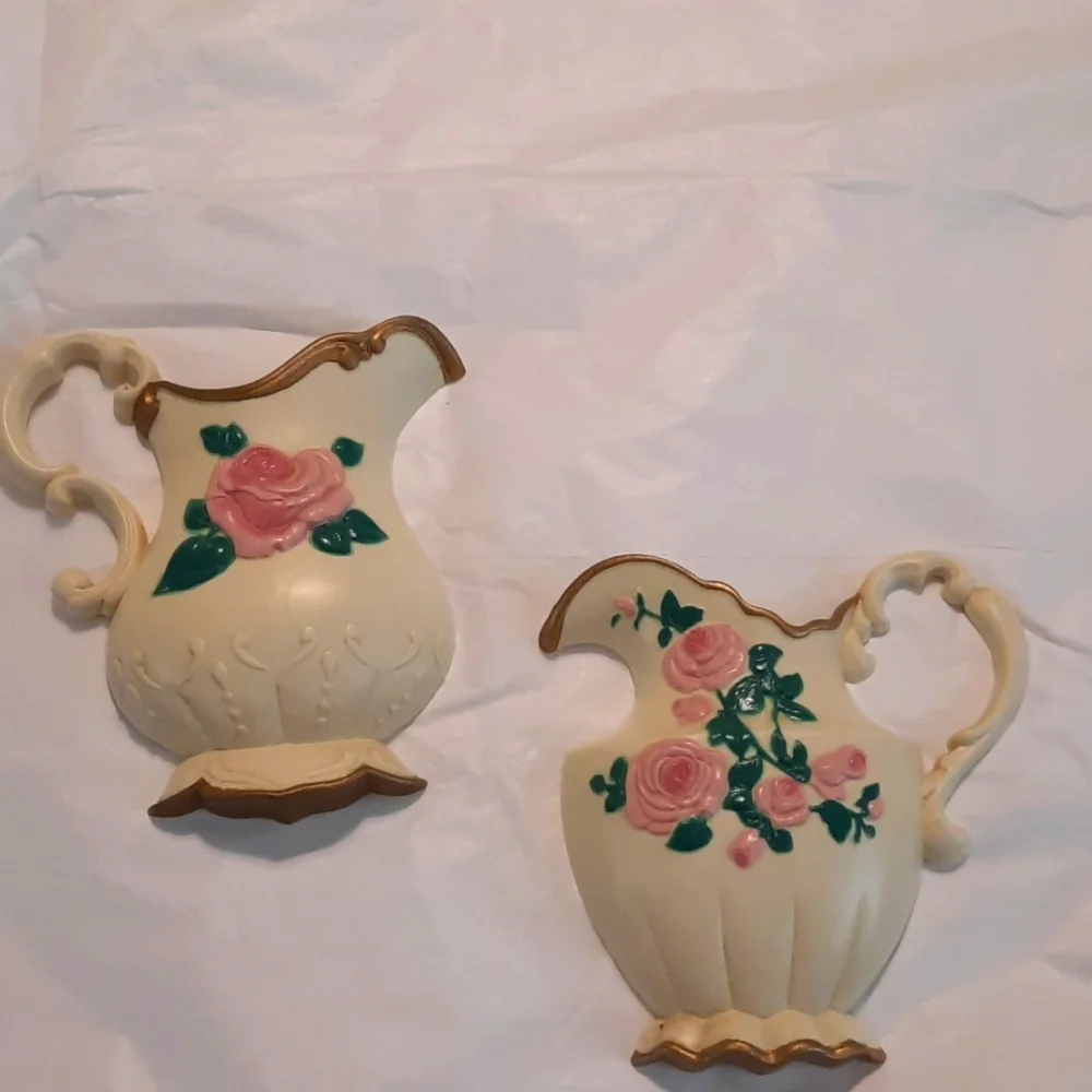 Vintage wall decor cream vase with pink rose and gold trim